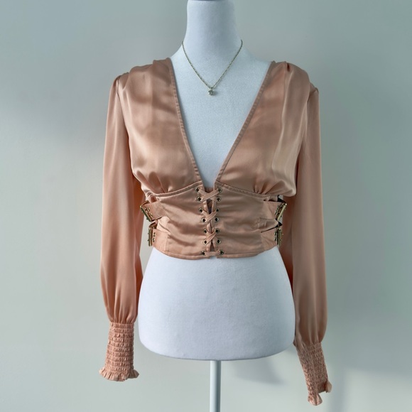 Forever 21 Tops - Forever 21 Rose Gold Satin Corset Top Deep V Neck Long Sleeve Buckle Blouse